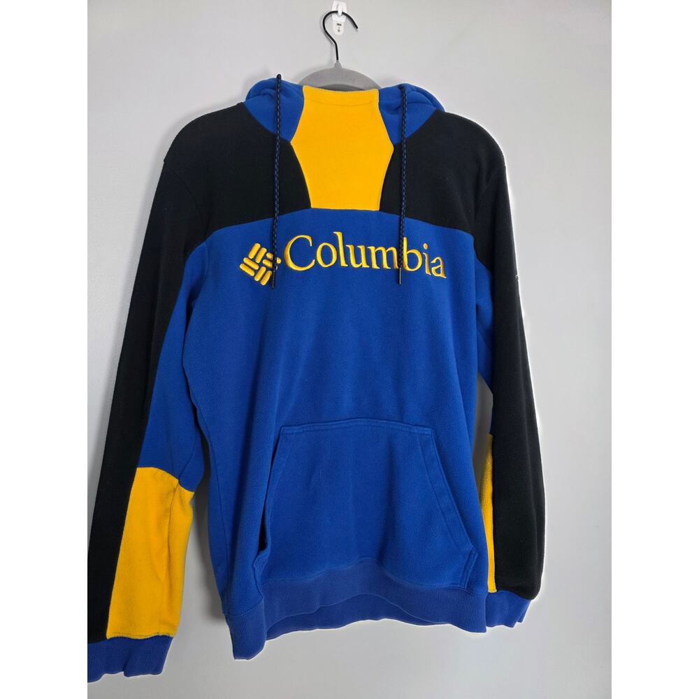 Columbia Colorblock Hoodie Mens Small Blue Fleece Pullover Big Logo Streetwear